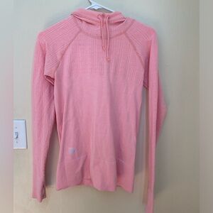 Super cute pink Athleta long sleeve with hood and drawstrings!